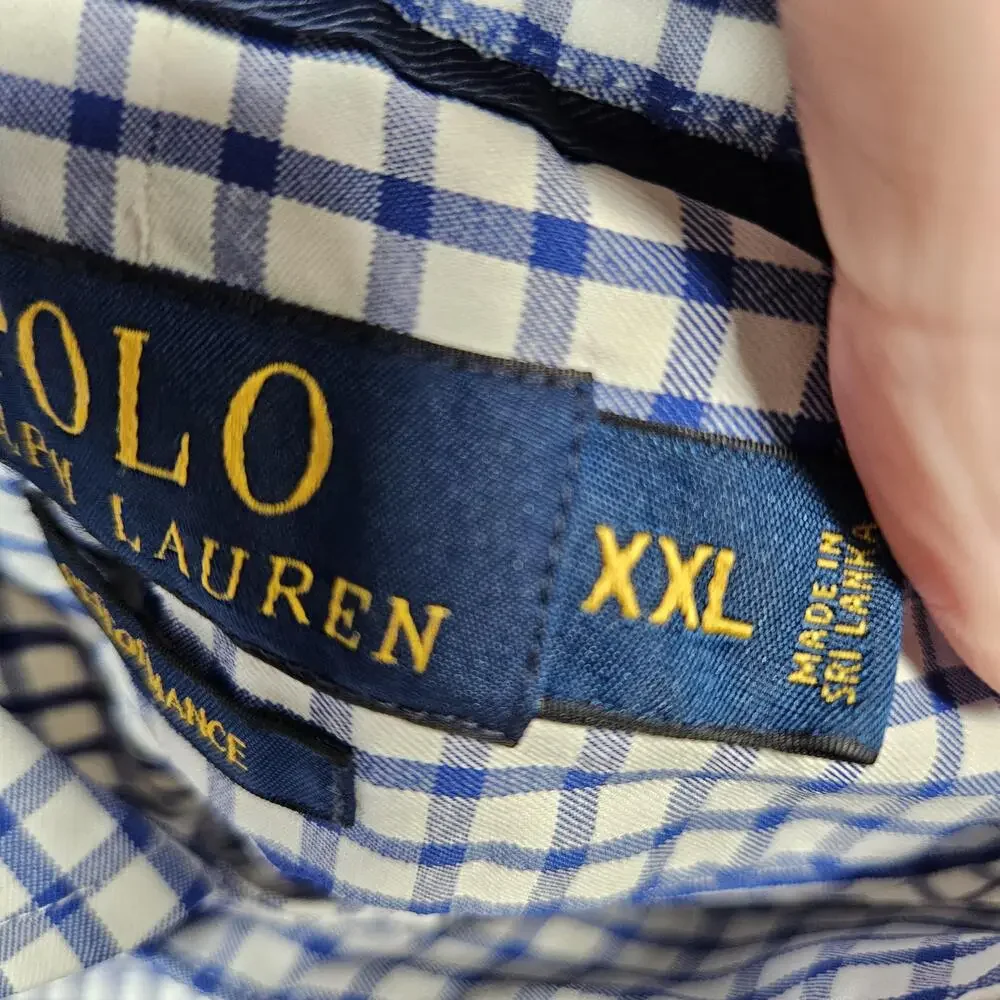 Polo Ralph Lauren Shirt Mens 2XL Blue White Check Performance Stretch Pony